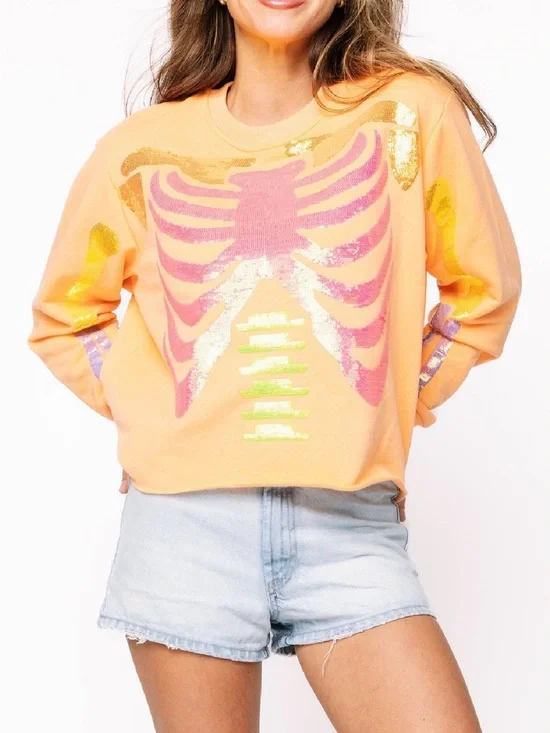 Queen of Sparkles Orange Skeleton Sweatshirt Size S *Damaged* - Picture 5 of 7